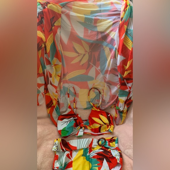 SHEIN 3 Piece Tropical Print Knot Bikini with Cover Up - Picture 4 of 5